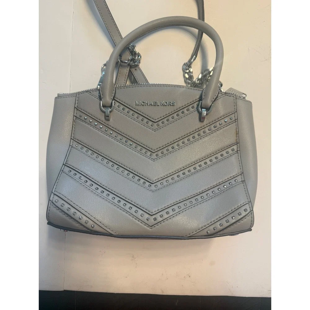 Michael Kors Grey Studded Chevron Quilted Small Satchel Crossbody Bag